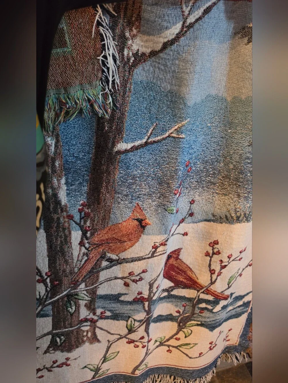 Vintage Winter Cardinals Woven Tapestry Throw Blanket Fringed 42x54 Jacquard